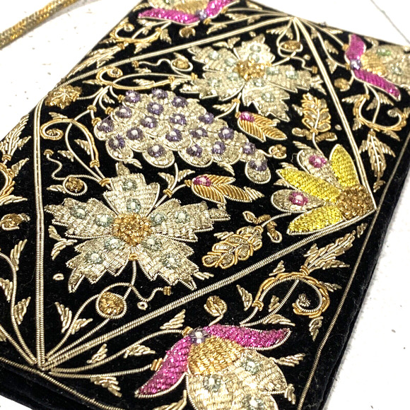 Vintage mid century black velvet evening bag top handle gold silver pink yellow - Picture 5 of 10